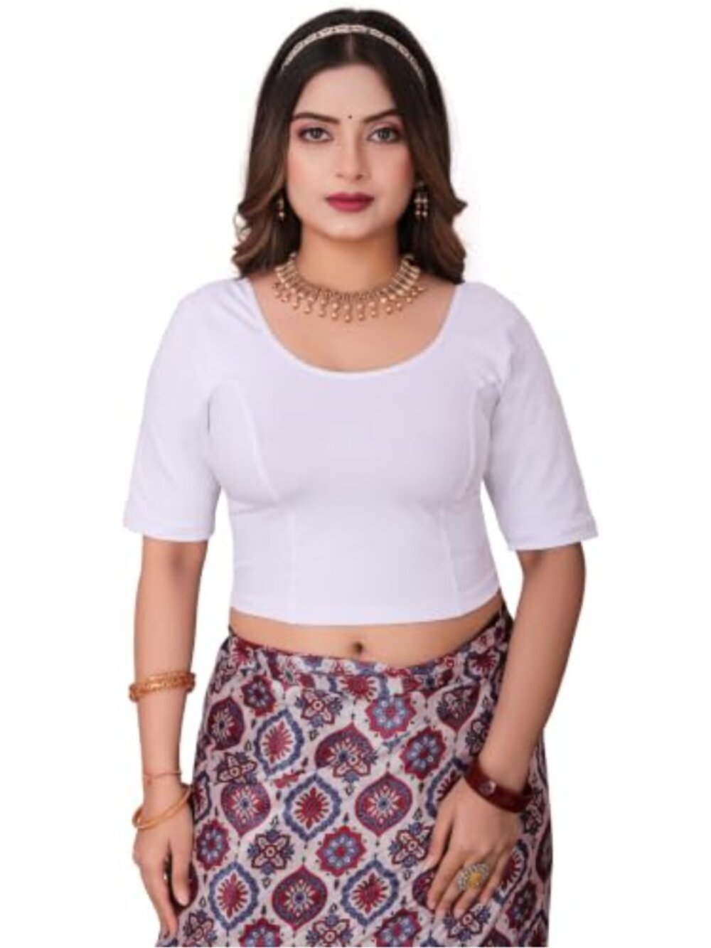 Cotton Stretchable Round Neck Half Sleeve Blouse Formal Top